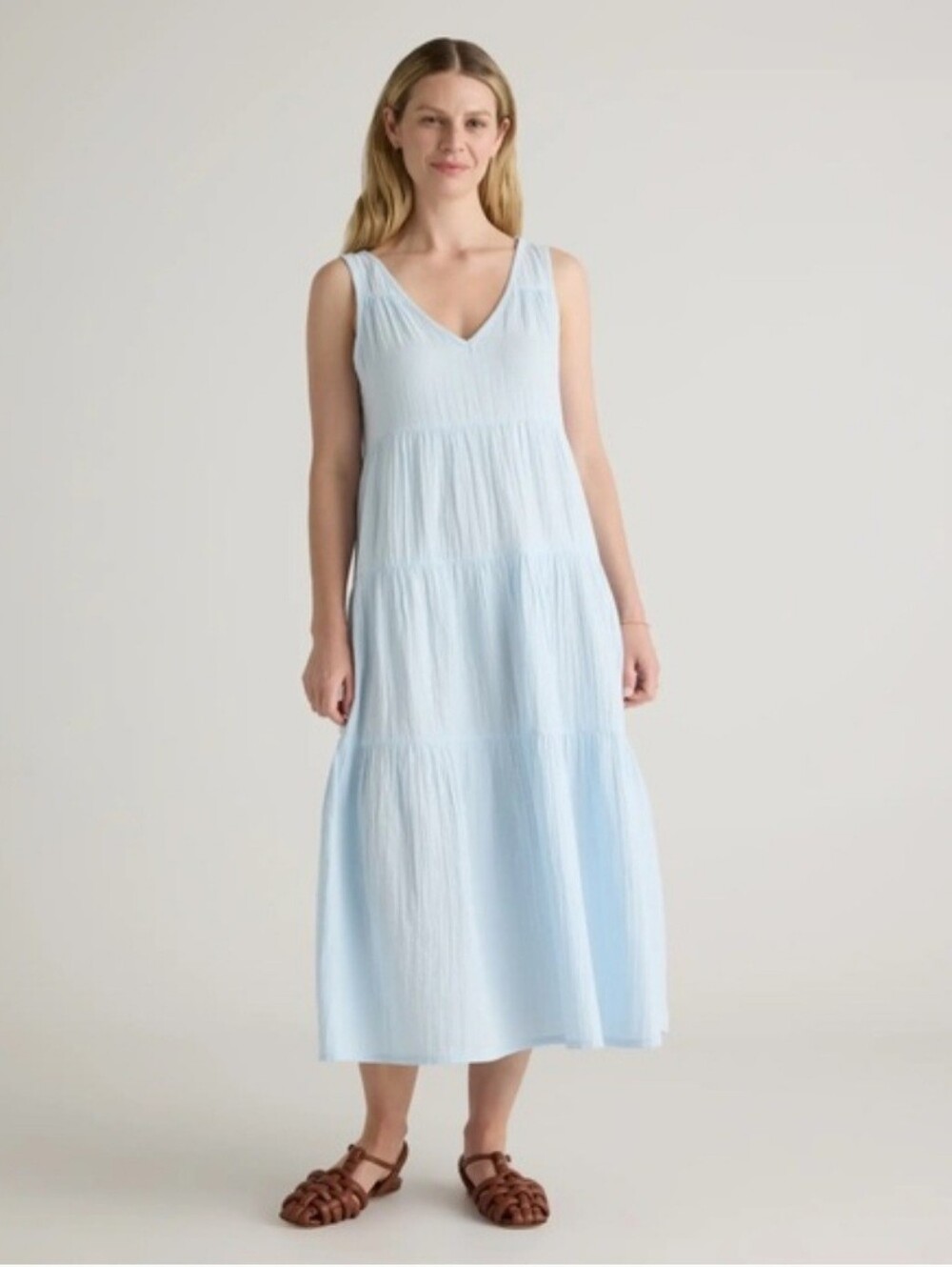 Quince Women's Blue Organic Cotton Gauze Tiered Maxi Dress sz M Sleeveless